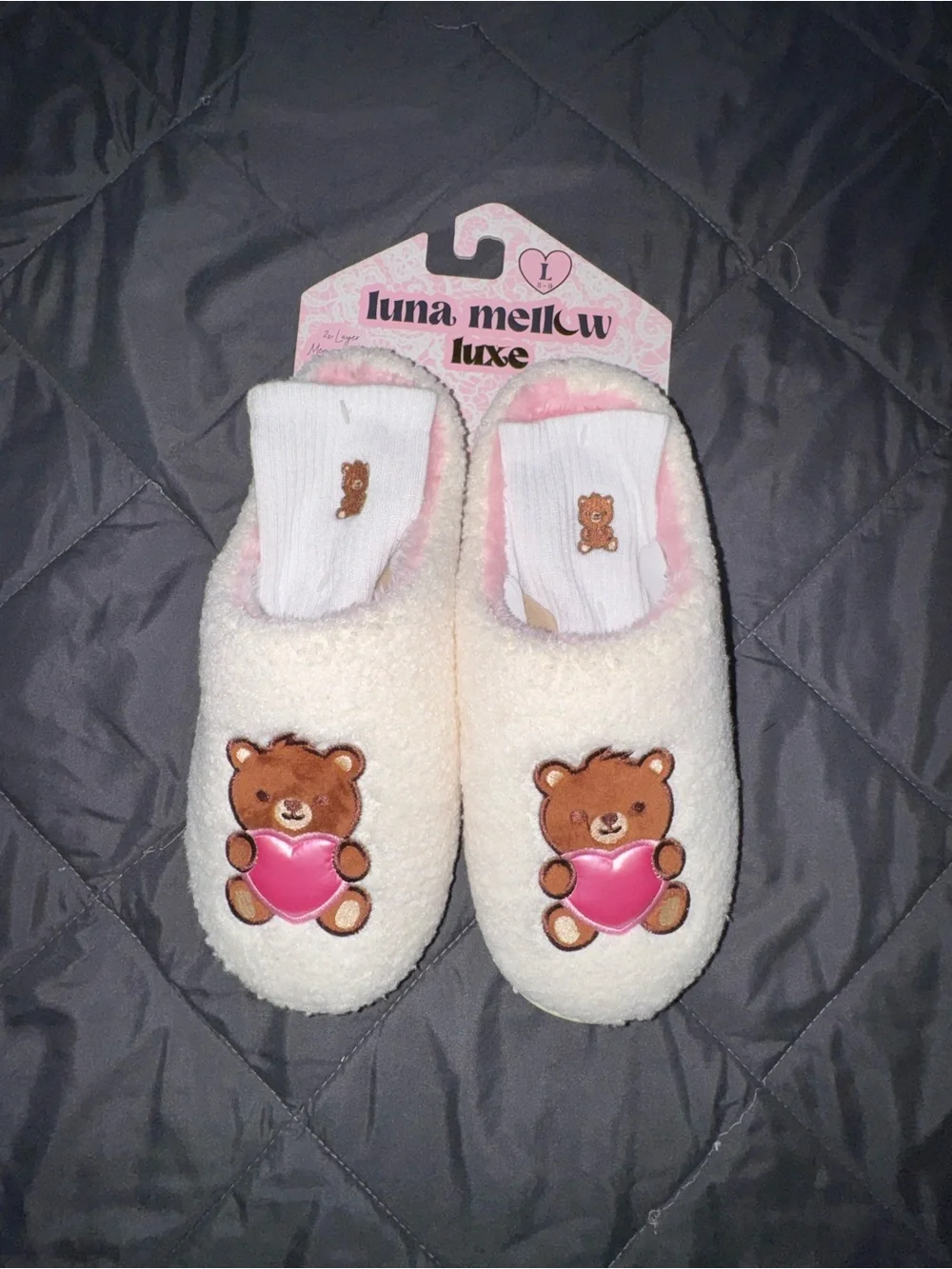 Luna Mellow Luxe Cream Teddy Heart Kids Slippers with Pink Accent